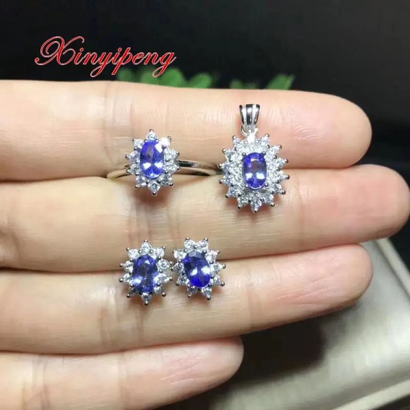 

Xin yi peng 925 silver plated gold inlaid natural Tanzanite ring earrings pendant necklace jewelry set Women suit