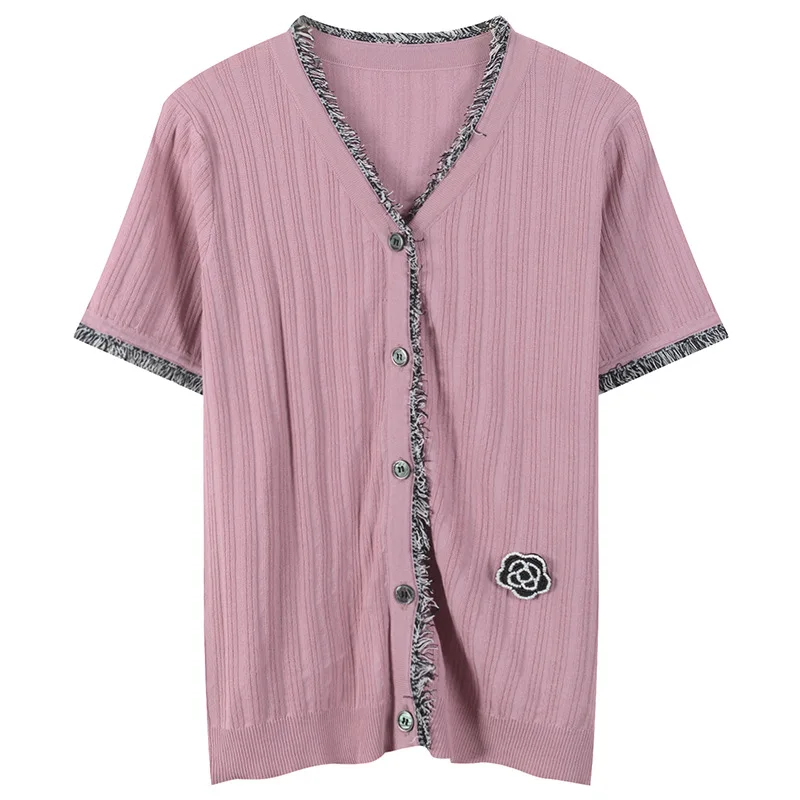 Sweater Cardigan Women Elegant Tassel Knitted Flower Beading Coat Summer Bodycon Short Sleeve Shrug Button Tops Runway Outwear