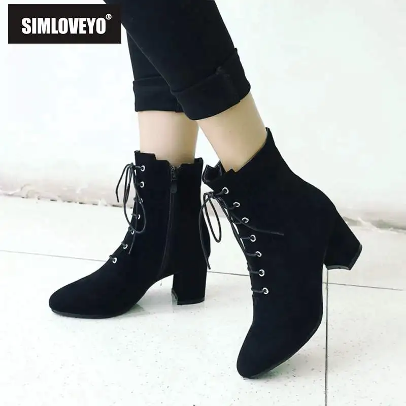 

SIMLOVEYO Autumn Spring Flock Zipper Women ankle boots Thick heel Lace-up Pointed toe Short Boots Solid Botas feminina B1017
