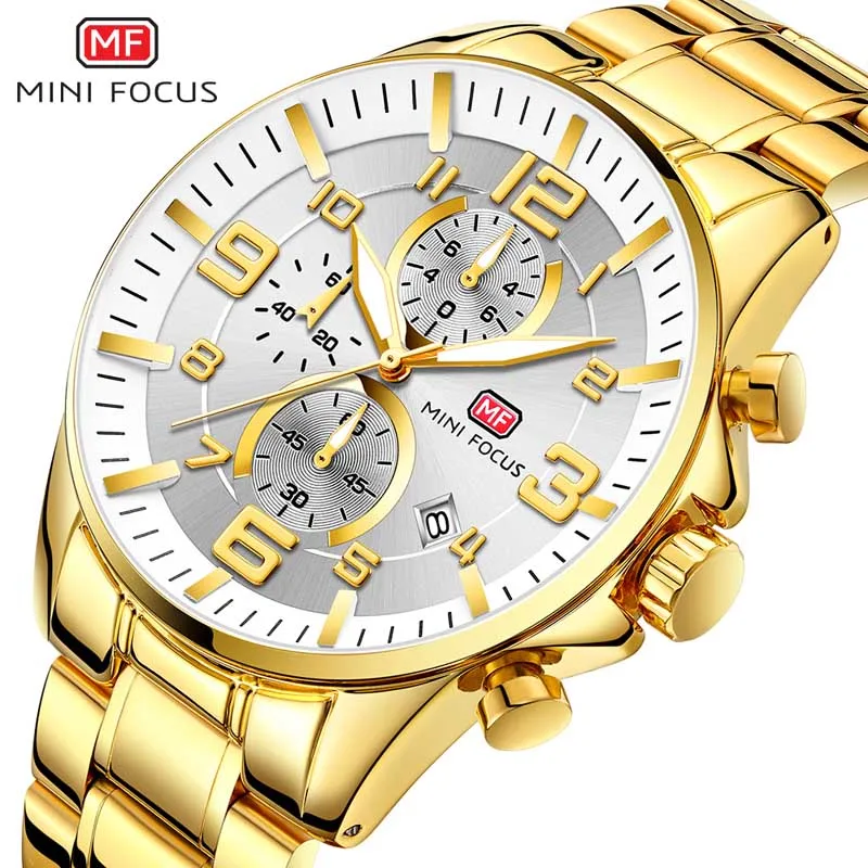 Golden white Мини фокус деловые мужские часы лучший бренд класса люкс спортивные кварцевые часы мужские Хронограф военные мужские часы золотые relogio masculino - Цвет: Golden white