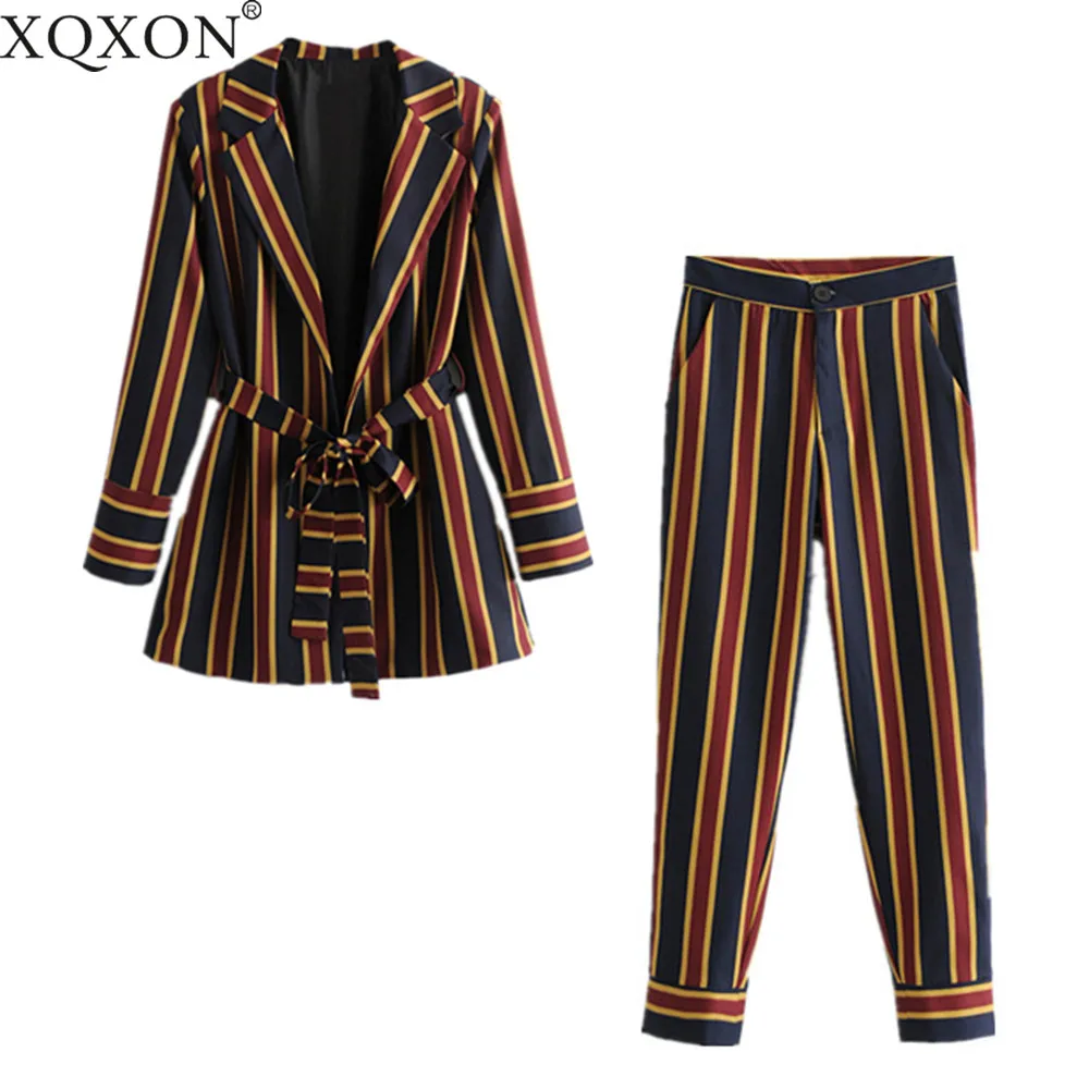 XQXON Women's suits Spring New Fashion Office Style Striped Blazers Jacket striped straight pant suits Two Pieces Set