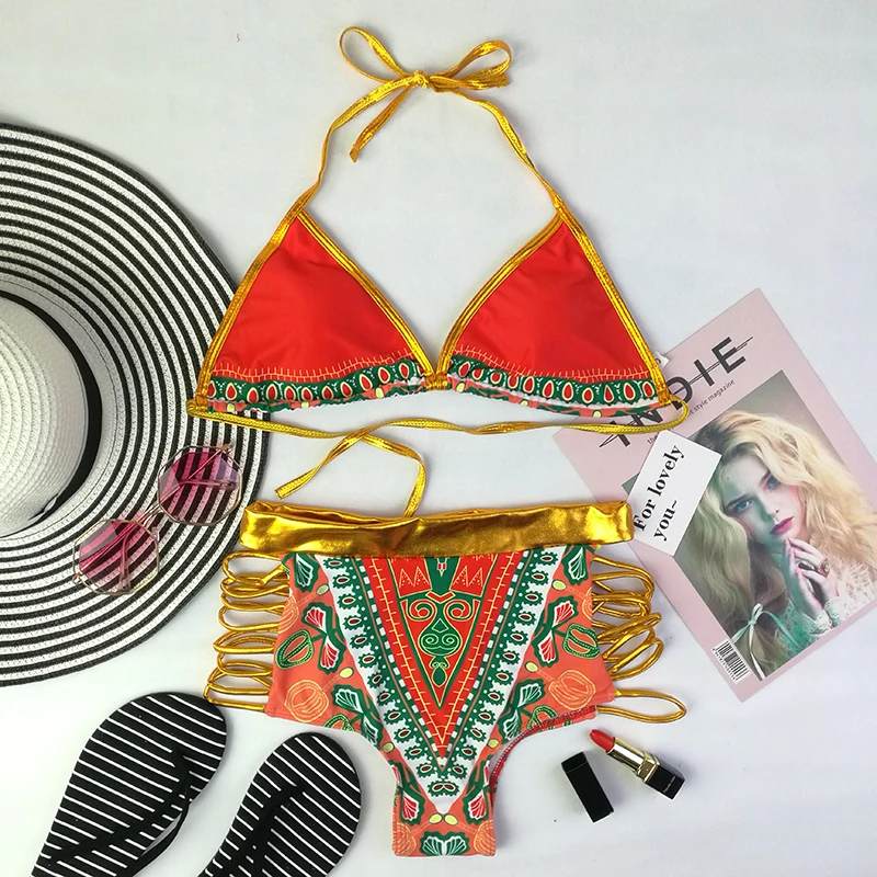 

NAYOOTON 2017 High Waist Swimsuit Bikinis Women Swimwear Print Colorful Vintage Retro Bandage Push Up Bikini Set Bathing Suits