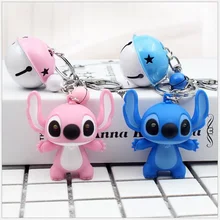 Cute Cartoon Doll Stitch Action Toy Figure Keychain Child Toy Animal Leather Rope Bells Key Ring Trinkets Accessories Gift