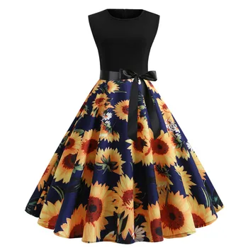 

2019 Brand Summer Dresses Women 50S 60S Vintage Robe Swing Pinup Elegant Party Dress Short Sleeve Casual Plus Size Print Floral