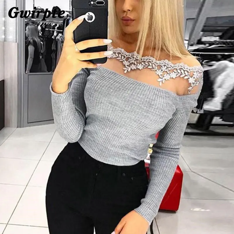 

Gwirpte High Street T Shirt 2018 Autumn Women Sexy Lace Patchwork Off Shoulder Long Sleeve Short Tees Crop Tops