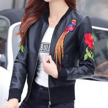 

plus size 3XL Spring baseball coat woomen fashion embroidery washing motorcycle PU leather jacket Slim short jacket