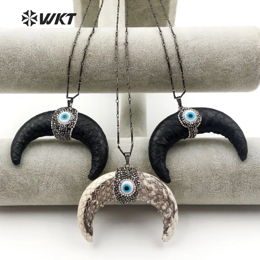 WT NV119 Wholesale Natural Genuine Leather crescent horn necklace, Handmake Big crescent horn