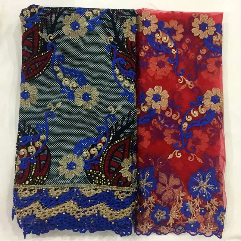 

Latest style Guipure Super Wax With Lace High Quality Embroidered Wax Lace Fabric with beads 6 yards+2yards African french lace