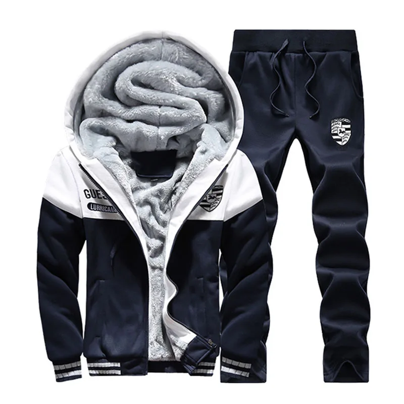 Beste 2019 Mannen Warme Sets Fashion Sporting Dikke Pak Patchwork Rits Hooded Sweater + Trainingsbroek Heren 2 Stuks Sets Slanke Trainingspak