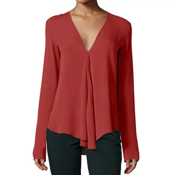 

Hot Spring Autumn Women Chiffon Shirt Long Sleeve Blouse Sexy V Neck Solid Color Tops Office Lady Shirts MSK66