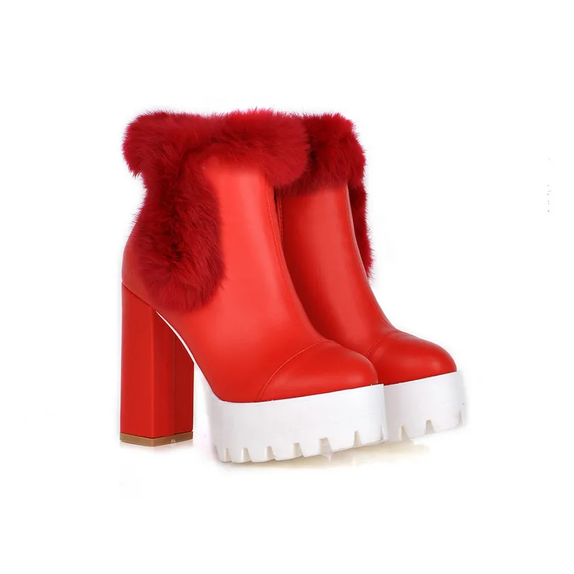

Fashion Ladies Winter Shoe PU Leather Woman Ankle Boots Square High Heel Fur Round Toe Black Women Motorcycle Boots Size 34-43