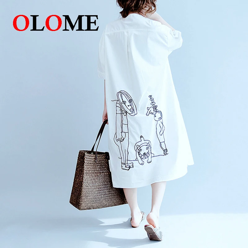 

Women over size dresses Female bear applique back embroidery fat sister long Skirts Girls White printed button Clothing 278