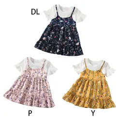 Летнее платье принцессы для маленьких девочек, комплект из 2 предметов, хлопковое платье в Корейском стиле с короткими рукавами и цветочным