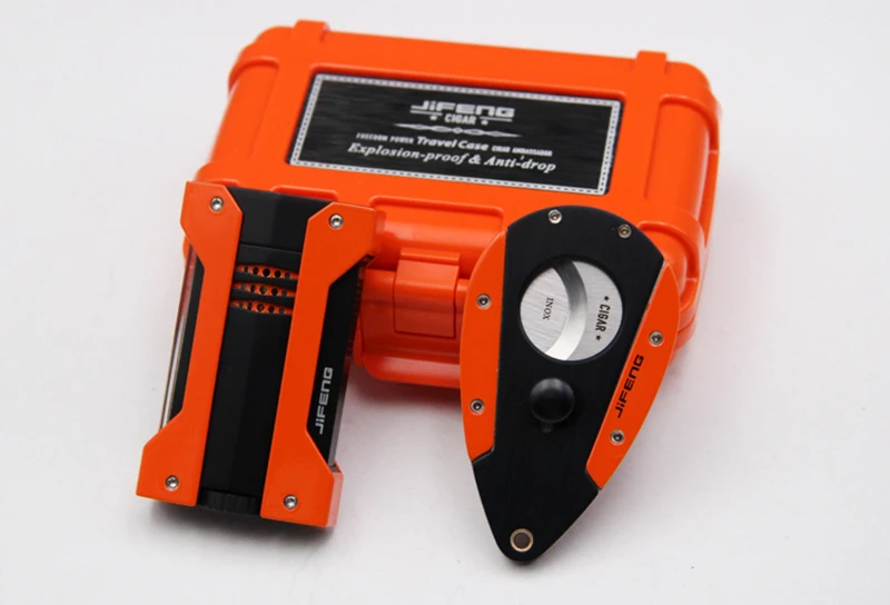 

JiFENG Multifunctional Cigar Set include Cigar Case + Cigar Cutter + 1 Jet Flame Gas Lighter, Orange Cigar Suit