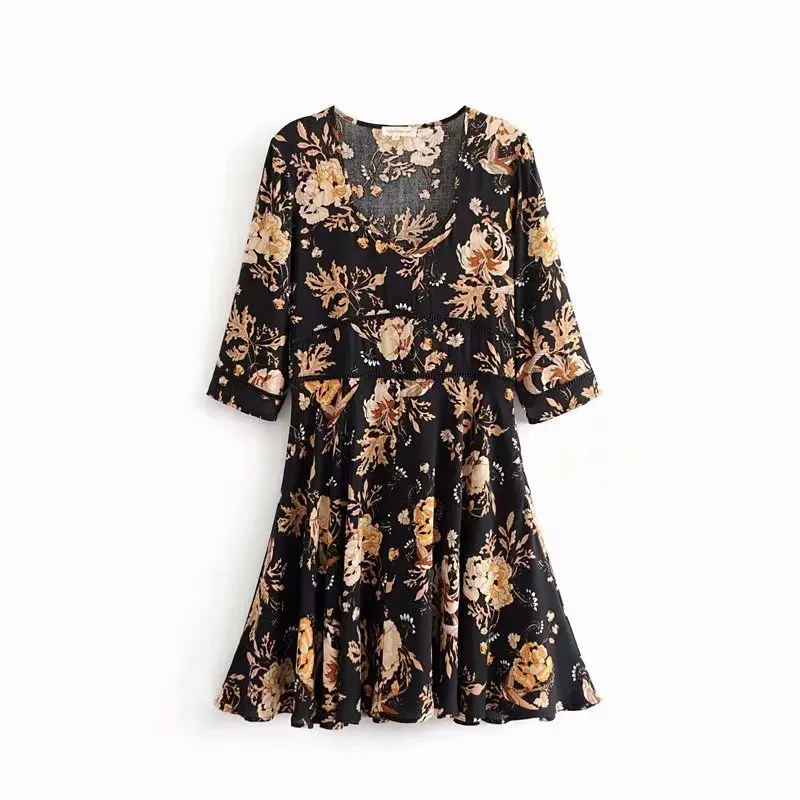 VOGUEIN новые женские пляжные Boho Цветочный принт розовый/черный полые 3/4 рукав Миди платье оптом