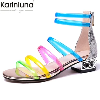 

big size 31-45 Fashion elegant trandy style Gladiator Sandals Women PVC Leather Colors Square Low Heels Summer Lady Shoes