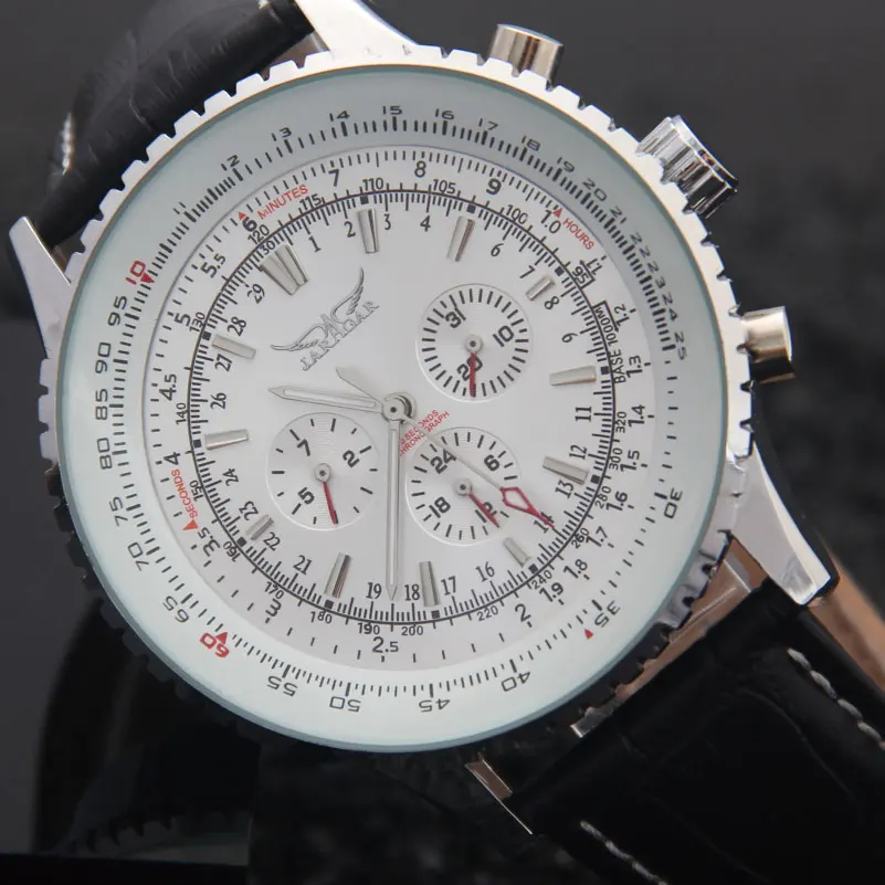 

Men Mechanical Watches Jaragar Brand Luxury Men's Automatic 6 Hands Genuine Leather Strap Watches Black Auto Date Wristwatches