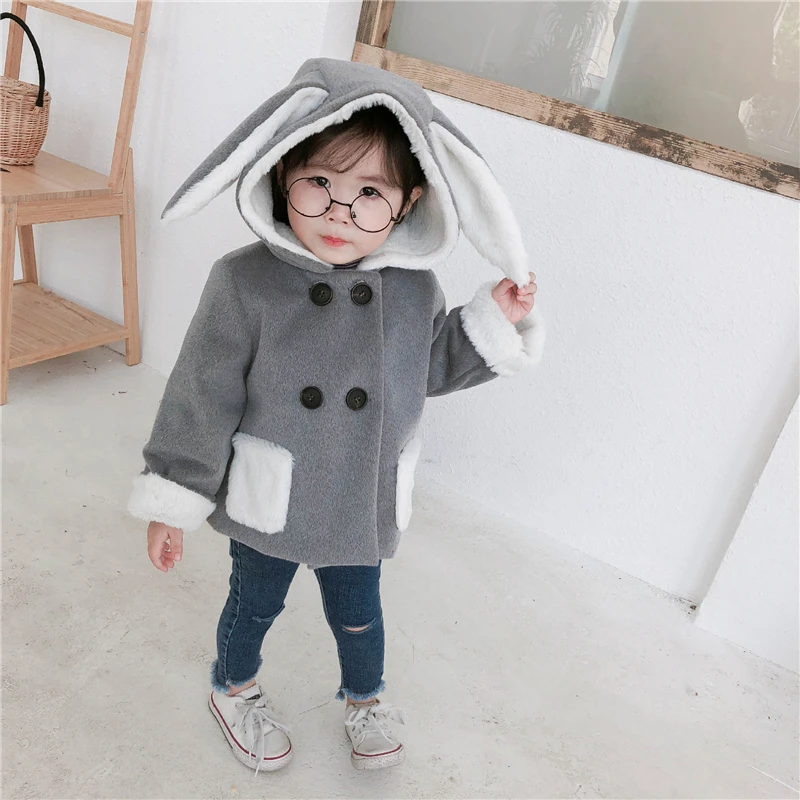НОВЫЕ куртки для девочек детские пальто с милым кроликом двубортные детские куртки с капюшоном Повседневная одежда с кроликами на осень