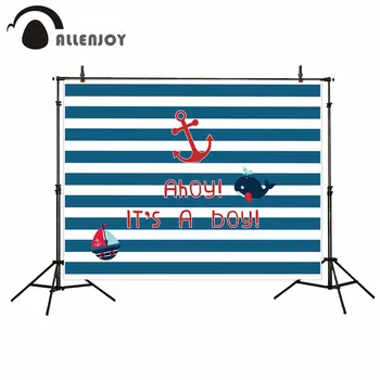 

Allenjoy baby shower blue stripes ocean theme whale anchor boat custom background photo backdrop vinyl backdrop for photography