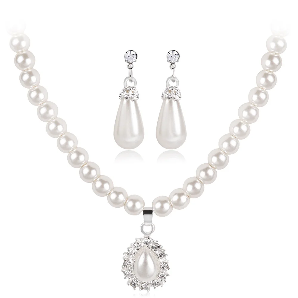 Fashion Imitation Pearl Drop Earrings Necklace Women Wedding Jewelry Sets Charming Flower Pendant Crystal Bridal Set T | Украшения и