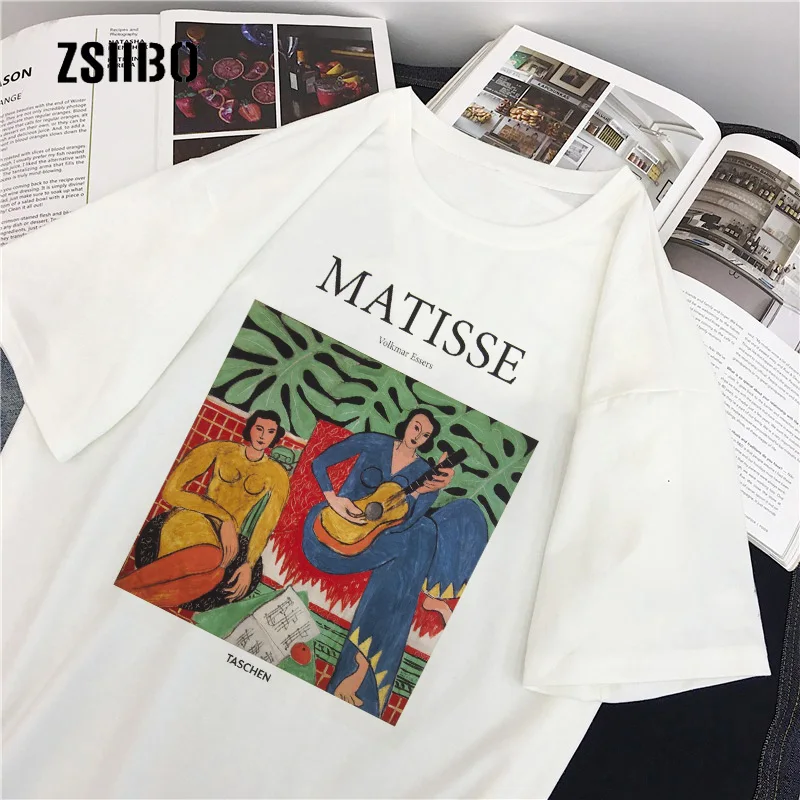 

summer Matisse large size loose casual female short sleeve cartoon art print female tops fashion new letter Vintage fun T-shirt