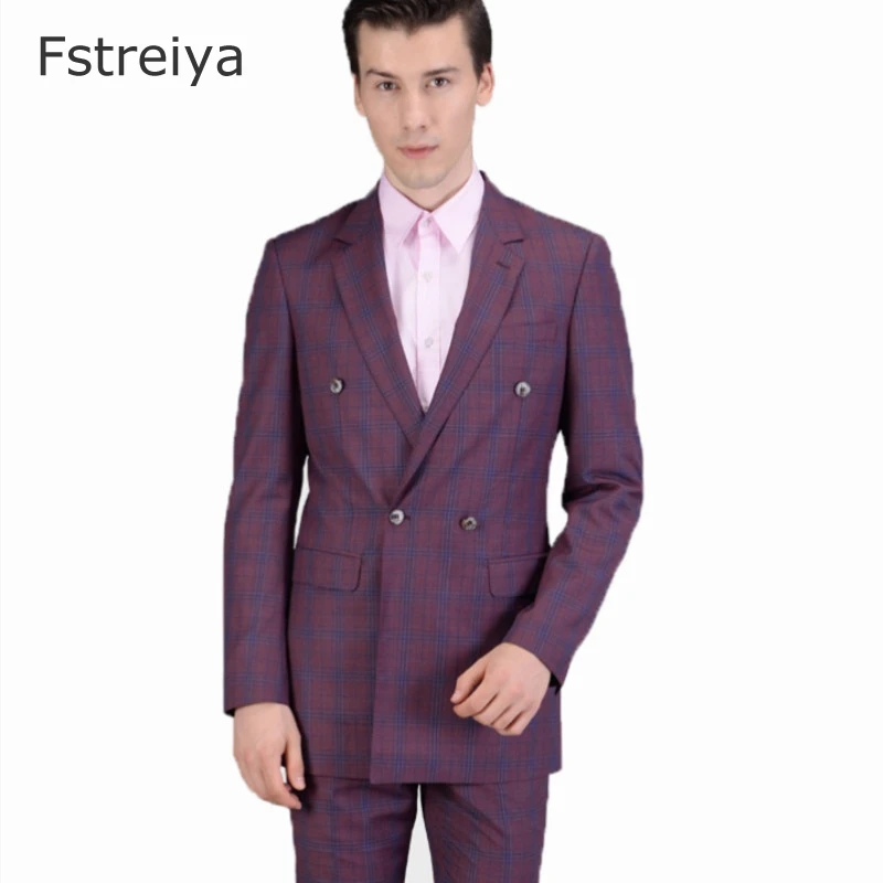 Tailor-made high quality wool Grid men suits for wedding Custom made christmas suit men terno slim double breasted suits 2pcs