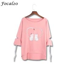 Focal20 Милая женская футболка с принтом в виде сердца и кота летняя футболка с коротким рукавом и лентой в стиле пэчворк, свободная футболка с дырками женская футболка