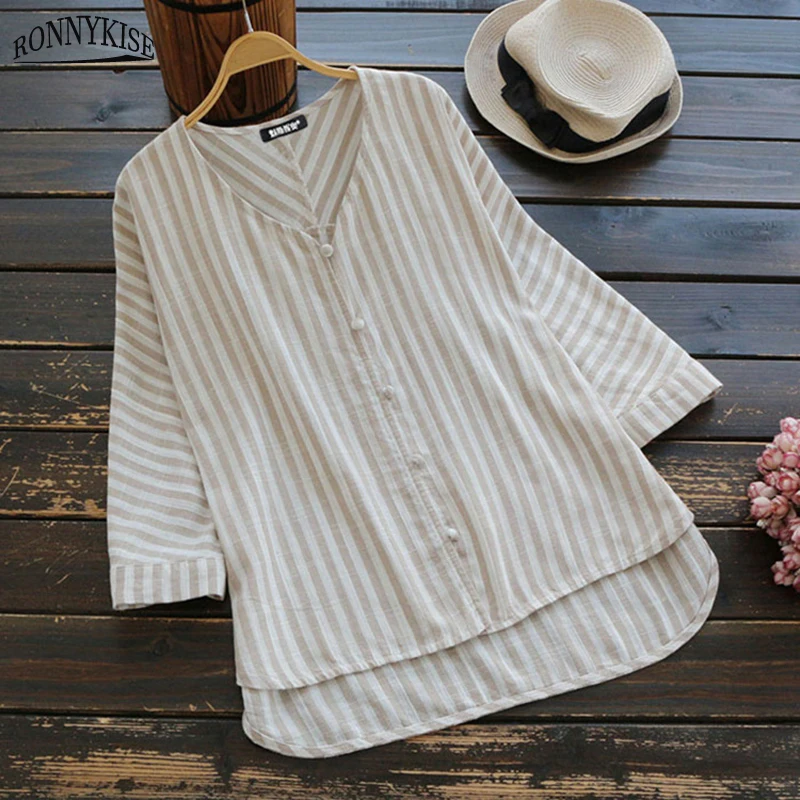 

RONNYKISE Striped Long Blouses Womens Fashion Sexy V-neck Cardigans Sumemr Autumn Cotton and Linen Casual Loose Blouses