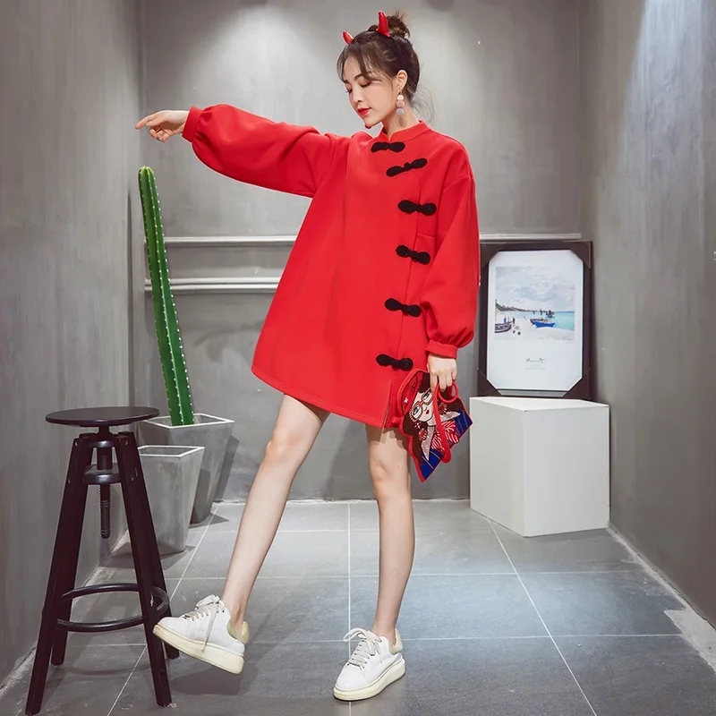 

Womens Dresses New Arrival 2019 Korean Dress Red New Year Dress Robe Halloween Femme Retro Chinese Button Harajuku Dress TA1335
