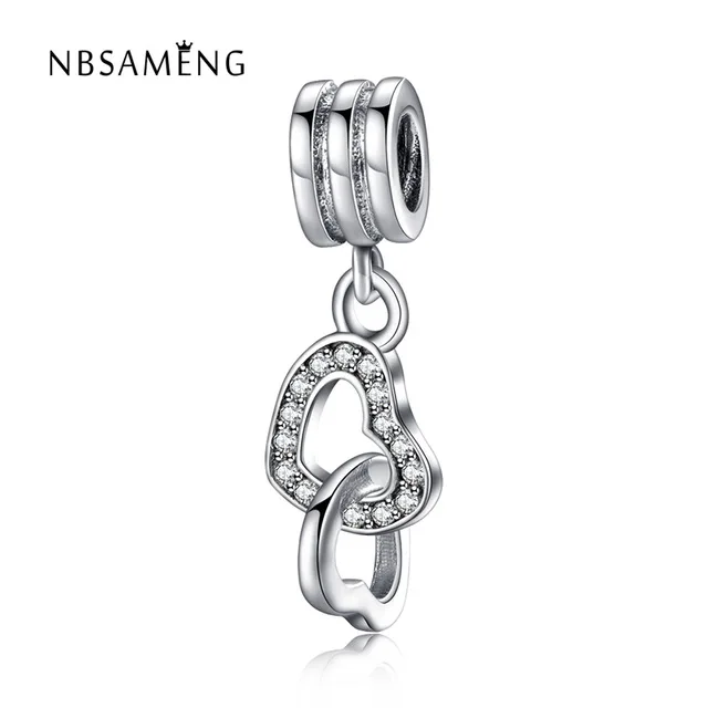 Authentic 925 Sterling Silver Bead Charm Crystal Interlocked Hearts Dangle Fit Bracelet Bangle DIY Jewelry | Украшения и