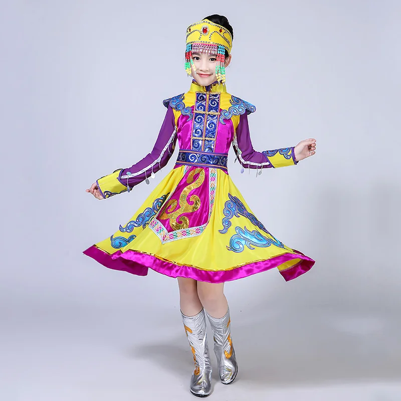 Girls Yellow Mongolia Dress for Stage Chinese National Costumes Child Hmong Dance Clothing Kids Traditional Dance wear Outfit