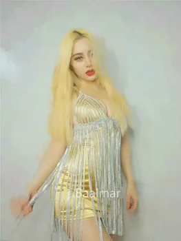 

Women's Sexy Tassel Dress Nightclub Party Bright Sequins One-piece Costume Sexy Champagne Dj Ds Female Singer Wear GOGO Dresses