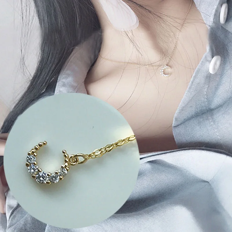

S925 Sterling Silver Cubic Zirconia Moon Pendant Genuine Gold Coated Choker Necklace for Women Wedding Valentine's Day Jewelry