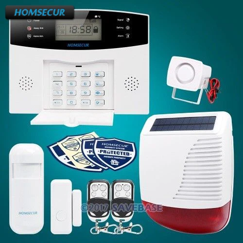

HOMSECUR Wireless LCD GSM Burglar Alarm System+Wireless Solar Red Flash Siren with Russian Voice Prompt