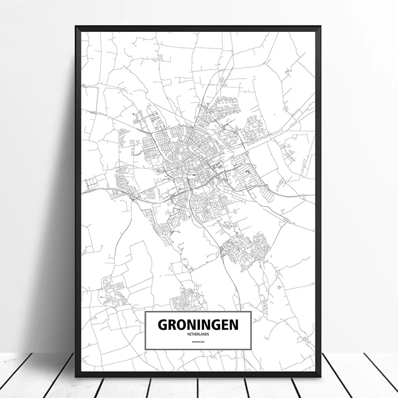 

Groningen, Netherlands Black White Custom World City Map Poster Canvas Print Nordic Style Wall Art Home Decor