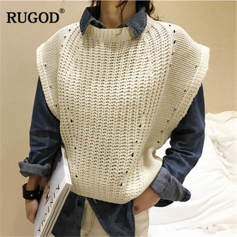 

RUGOD Female Casual Sleeveless Sweater 2019 Autumn New Fashion O-Neck Knitted Solid Pullovers For Women Sueter Mujer
