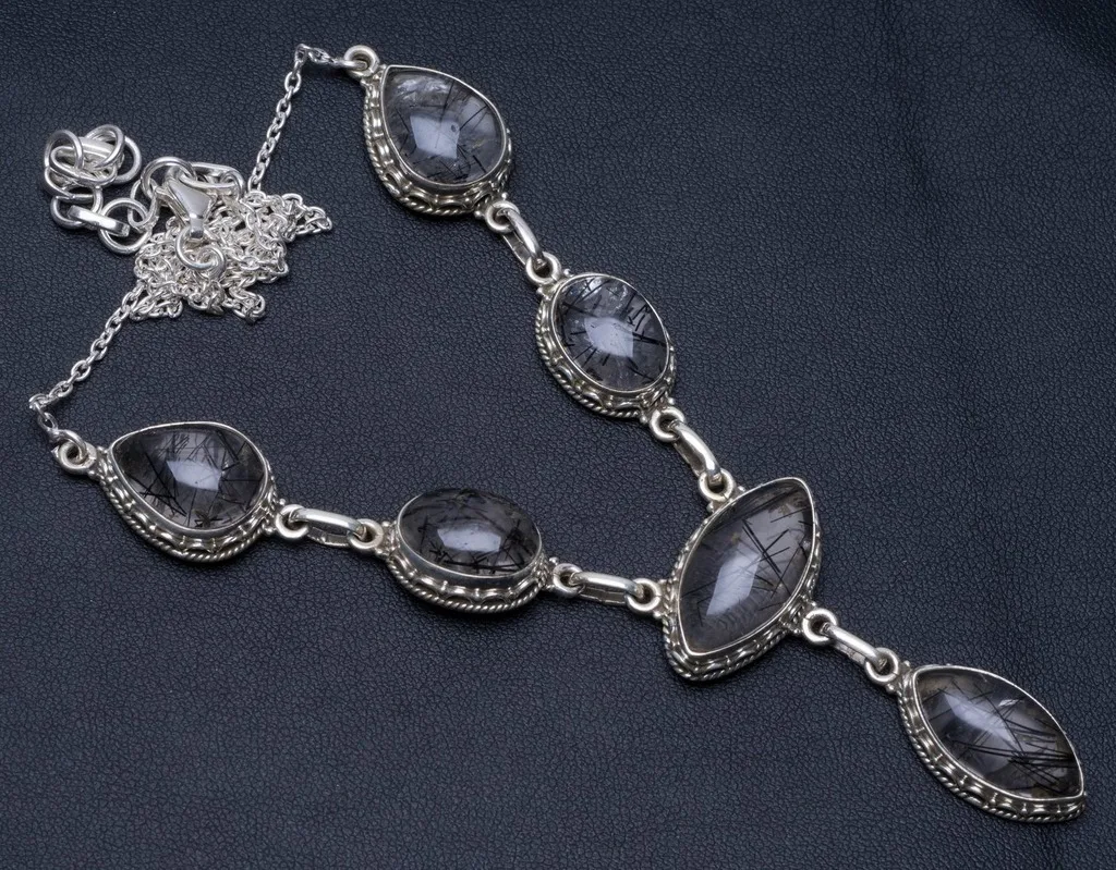 

Natural Tourmalinated Quartz Unique Design 925 Sterling Silver Necklace 19 3/4" P2590