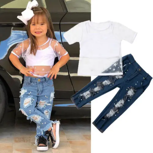 

Fashion Toddler Baby Girl Perspective Tee+Vest Mesh Tops+Pants Suit Denim Ripped Pants Summer Clothes Outfits 3PCS Holiday