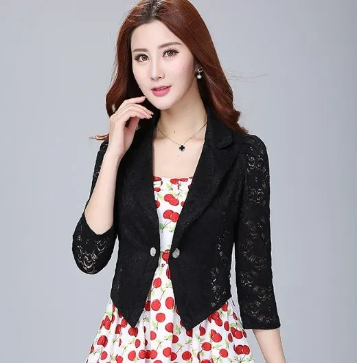 

Women Summer Short Sleeve Blazers and Jackets Black White Elegant Lace Hollow Out Suit Jacket Female Slim Fit Blazer Woman