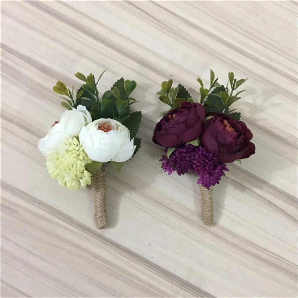 Ivory Wine Red Artificial Flowers Buttonhole Boutonniere Groom Groomsman Best Man Wedding