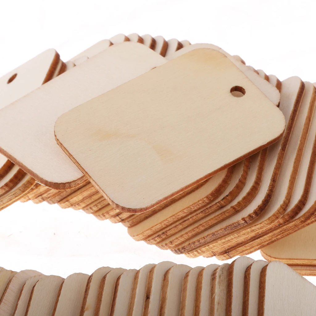 50 Pieces Wooden Rectangle Craft Shape Tag Embellishment for Craft with Rope Unfinished Wood Cutout Chips for Pieces Arts