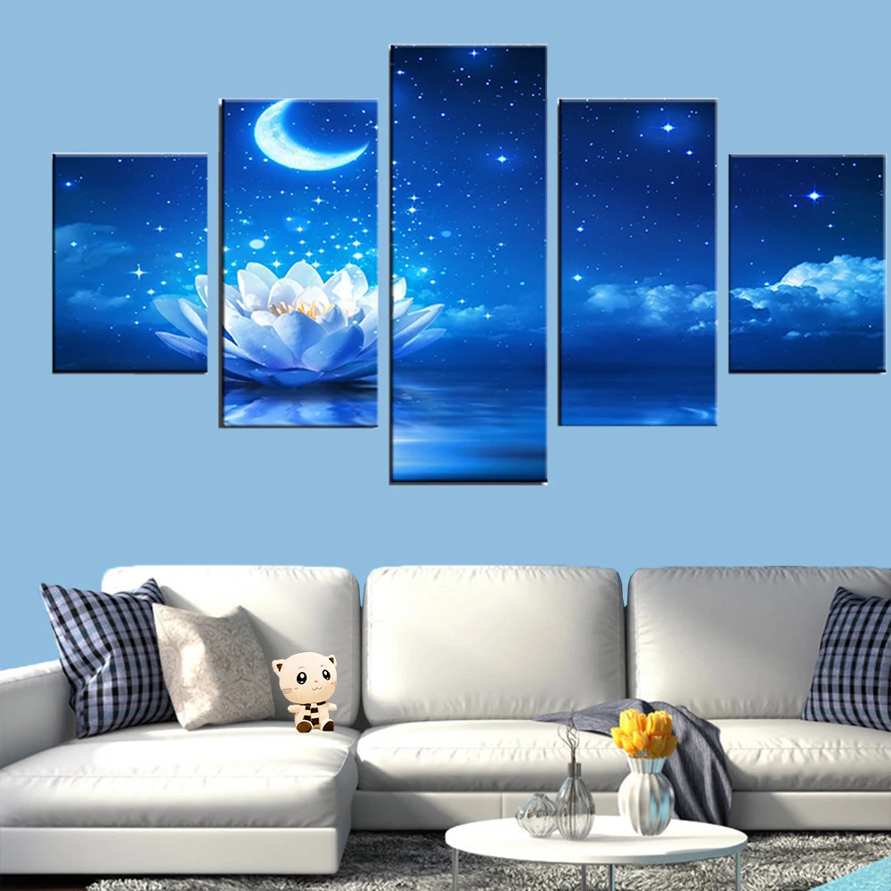 

Canvas painting 5 panel beautiful flower moon fashion modern home decoration living room modular photo frame wall art
