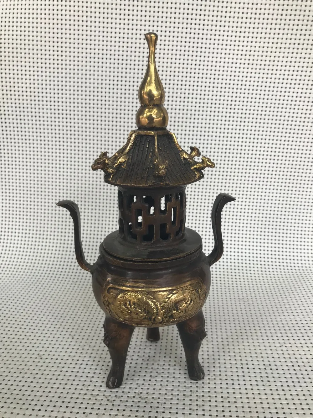 

classical copper carved dragon lion pavilion budhism incense burner censer
