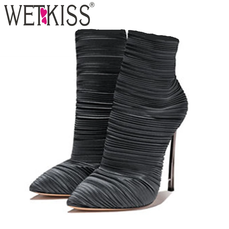 

WETKISS Winter Satin Women Ankle Boots Pointed Toe Footwear Pleated Party Female Boot Fashion High Heels Shoes Woman 2018 Winter
