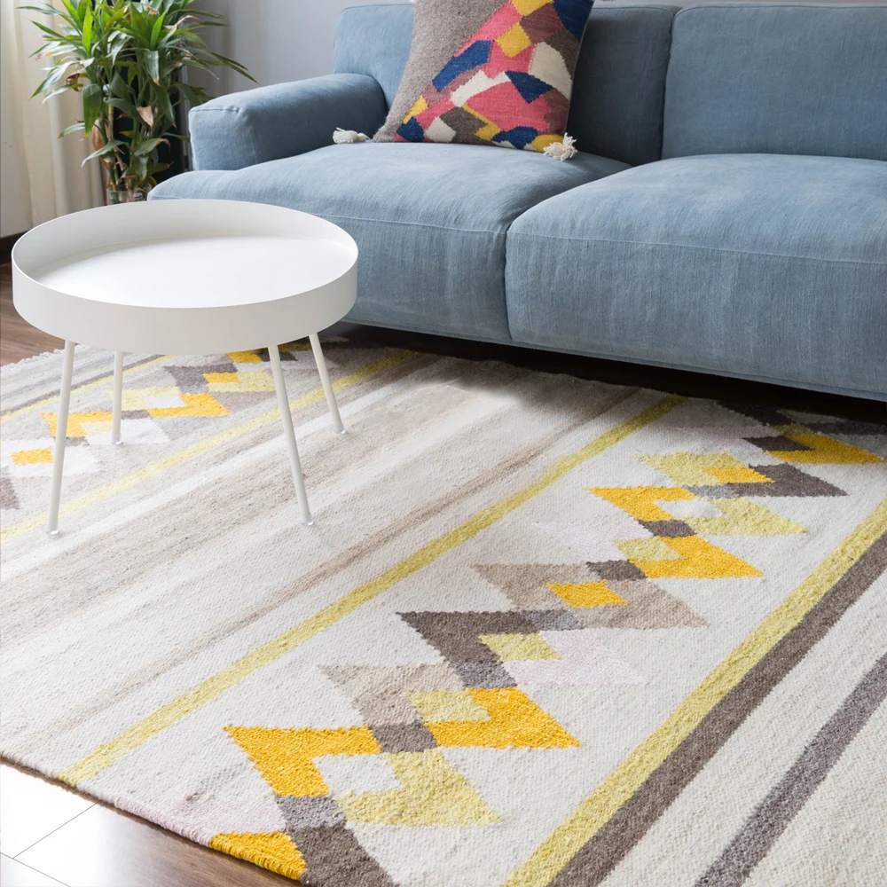 

collalily 100% wool Kilim Carpet geometric Bohemia Indian Rug Parlor yellow living room plaid striped Modern design Nordic style