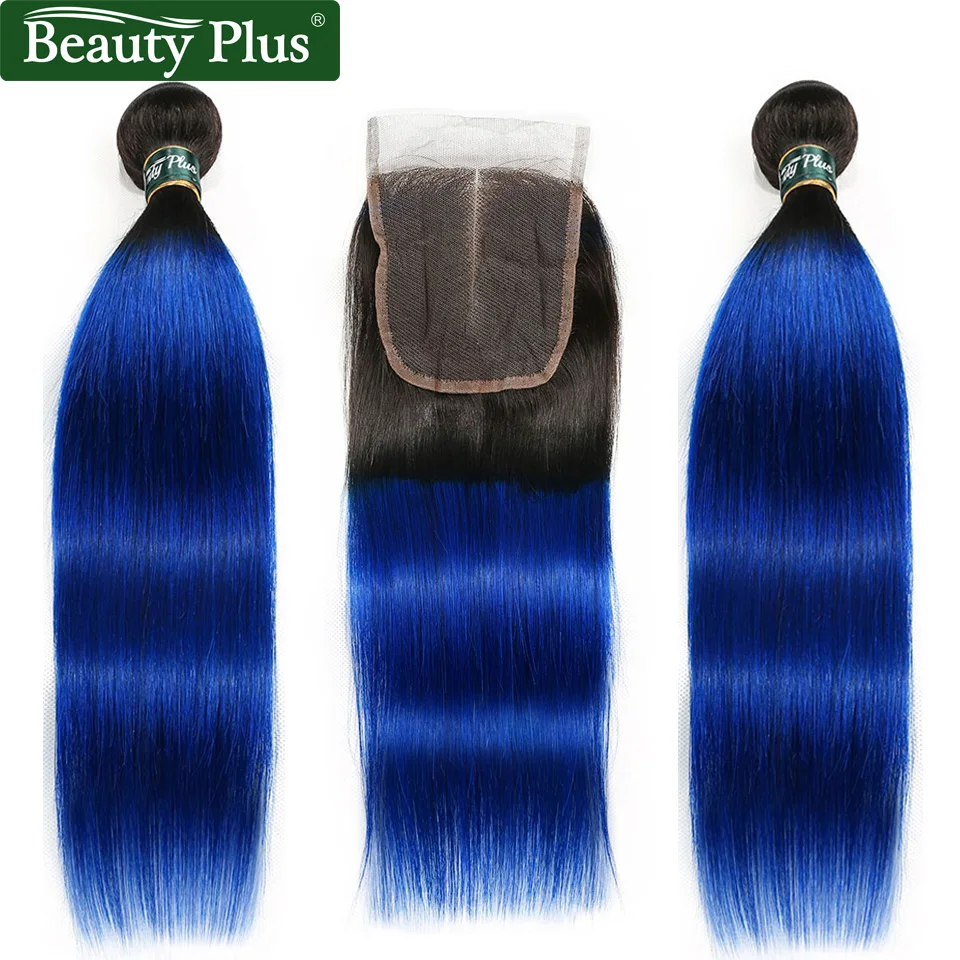 Ombre Bundles With Closure Peruvian Straight Human Hair Weave Beauty Plus Nonremy Blue Green Pink Blonde 2 Bundles With Closure