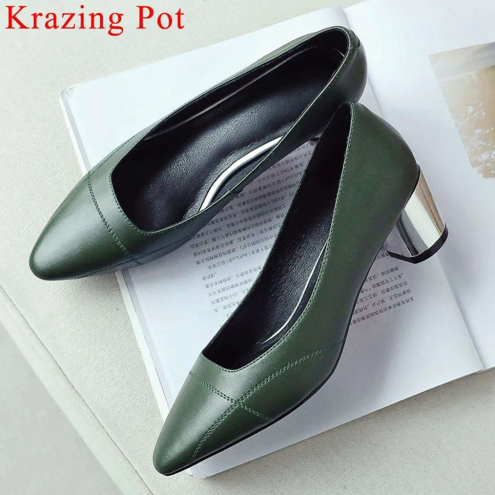 

European style metal med heels luxury genuine leather slip on dress career pumps square toe spring office lady brand shoes L11