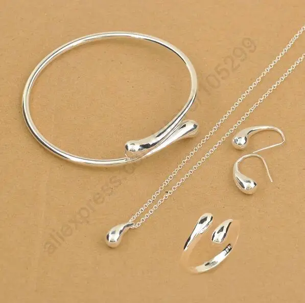 

JEXXI Top Quality Real 925 Sterling Silver Smooth Glossy Bracelet Earring Necklace Ring Jewelry Sets For Woman Adjustable