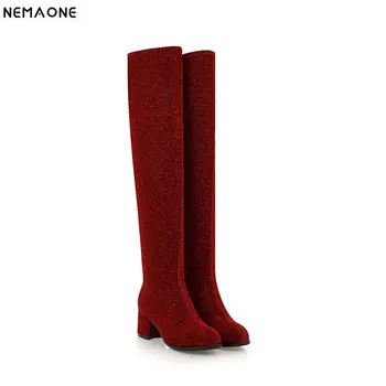 

NEMAONE New shiny square med heels shoes woman over the knee boots ladies autumn winter boots shoes woman large size 42 43