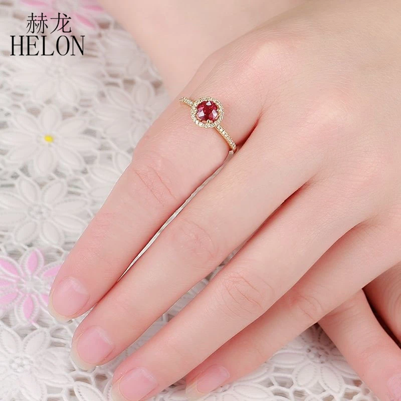 HELON 0.9ct круглое обработанное рубиновое кольцо твердое 10 к желтое золото натуральное бриллиантовое обручальное кольцо женское свадебное драгоценное украшение